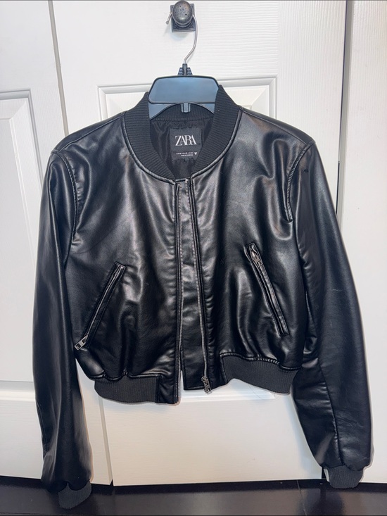 Zara Jackets & Blazers - ZARA Black Faux Leather Bomber Jacket - Ribbed Trim